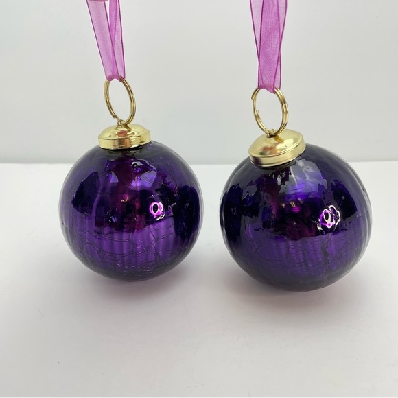 Vintage Heavy Kugel Style Ball Purple Glass Ornaments Brass Cap & Ring Set of 2 - Picture 4 of 6